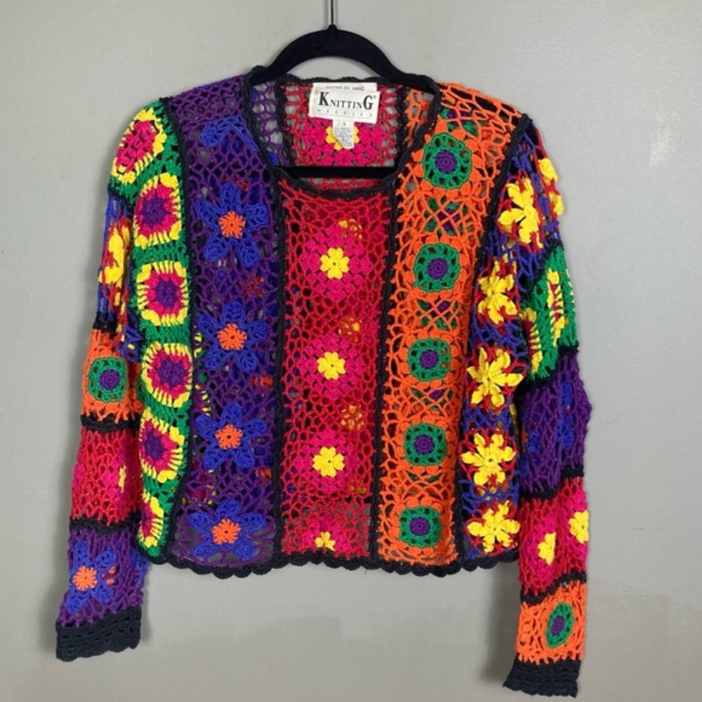 Knitting‎ Needles sweater small granny square handknit colorful vintage crochet